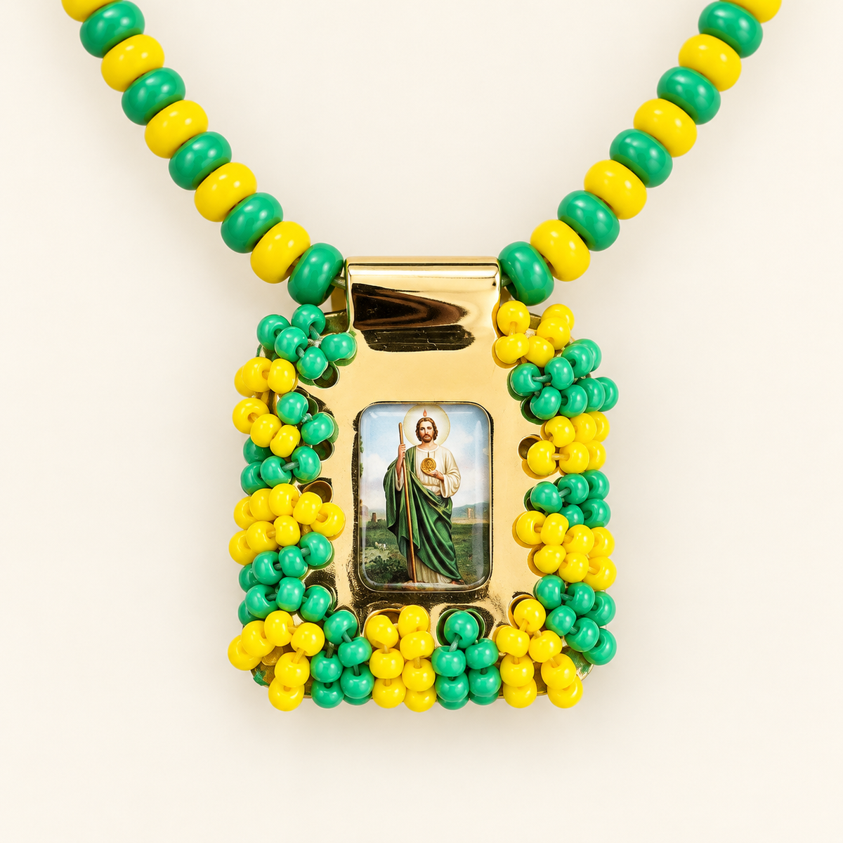 Collar de Protección San Judas Tadeo verde y amarillo
